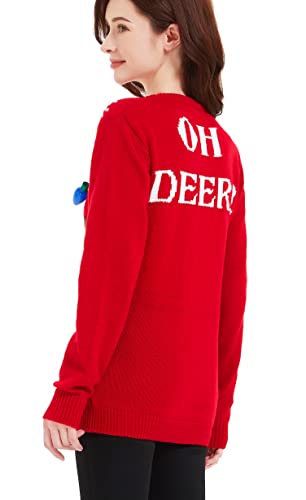 Women's Christmas Reindeer Traditional Knitted Holiday Ugly Sweater Girl Pullover Cardigan (Large, 2317-Reindeer-red)