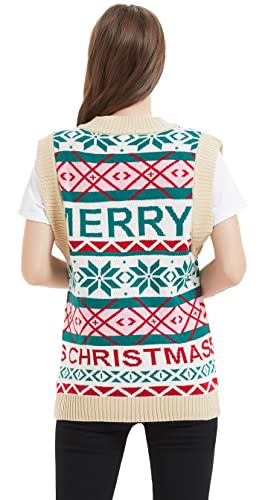 Women's Christmas Reindeer Traditional Knitted Holiday Ugly Sweater Girl Pullover Cardigan (Large, 233-Christmas-Vest-Ivory)