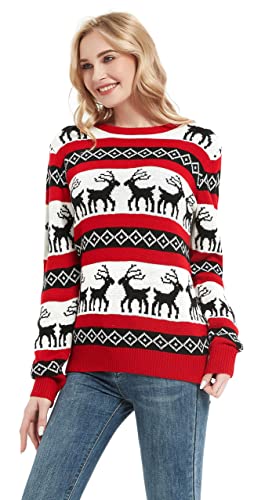 Women's Christmas Reindeer Traditional Knitted Holiday Ugly Sweater Girl Pullover Cardigan (Large, RndrPullover-F2)