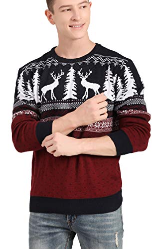 Men's Christmas Reindeer Snowman Penguin Santa and Snowflake Sweater, Color Name: Deer&Tree-View-red