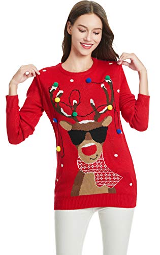 daisysboutique Women's Christmas Reindeer Themed Knitted Holiday Sweater Girl Pullover Ugly Xmas Round Neck Sweaters (Large, Lighting-smartdeer)