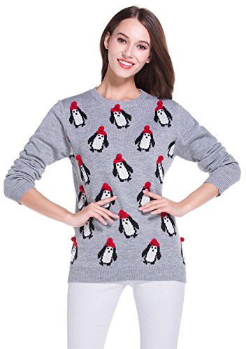 Women's Christmas Cute Reindeer Snowflakes Knitted Sweater Girl Pullover (Large, Penguin3D)