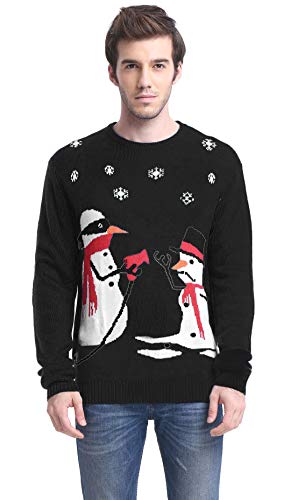 Men's Christmas Festive Cardigan Reindeer Snowman Santa Snowflakes Knitted Ugly Sweater (Large, Melt-u - Black)