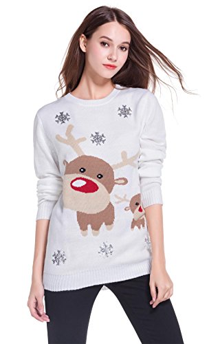 Women's Christmas Cute Reindeer Snowflakes Knitted Sweater Girl Pullover (Large, Reindeer)