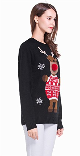 Women's Christmas Cute Reindeer Snowflakes Knitted Sweater Girl Pullover (Large, 3D Nose)