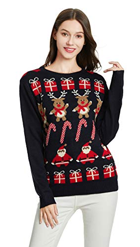 *daisysboutique* Women's Christmas Reindeer Themed Knitted Holiday Sweater Girl Pullover (Large, Gift-Deer-Cane-Santa)