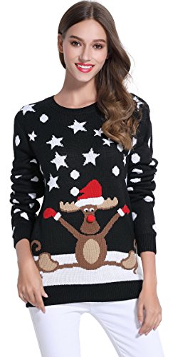 *daisysboutique* Women's Christmas Reindeer Themed Knitted Holiday Sweater Girl Pullover (Large, Skiing)