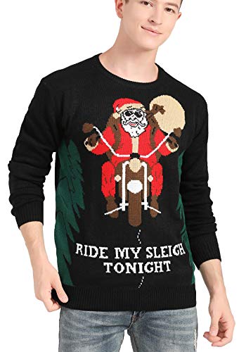 v28 Men's Christmas Reindeer Snowman Penguin Santa and Snowflake Sweater (Small, Santa-Motorbike)