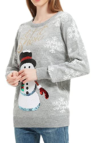 Women's Christmas Reindeer Traditional Knitted Holiday Ugly Sweater Girl Pullover Cardigan (Large, SequinSnwmn-F7)