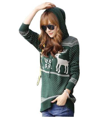 Women Round Crew Neck Reindeer Snowman Santa Snowflakes Christmas Sweater Cardigan Pullover (L, Green with Hood)