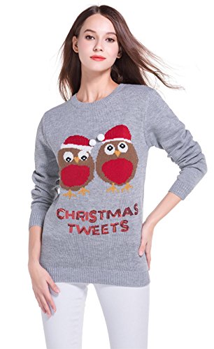 *daisysboutique* Women's Christmas Reindeer Themed Knitted Holiday Sweater Girl Pullover (Large, Gray Tweets)