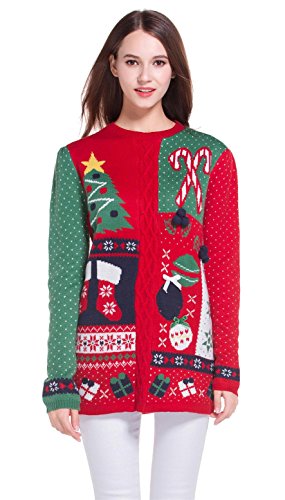 Women's Christmas Cute Reindeer Snowflakes Knitted Sweater Girl Pullover (Large, GreenRedSlves)