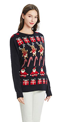 *daisysboutique* Women's Christmas Reindeer Themed Knitted Holiday Sweater Girl Pullover (Large, Gift-Deer-Cane-Santa)