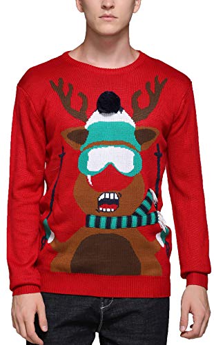 Men's Christmas Rudolph Reindeer Holiday Festive Knitted Sweater Cardigan Cute Ugly Pullover Jumper (Large, Skiing)