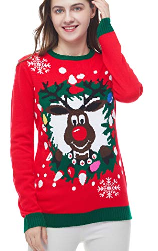 v28 Women's Patterns Reindeer Snowman Tree Snowflakes Christmas Sweater Cardigan (Large, Deer&Window)