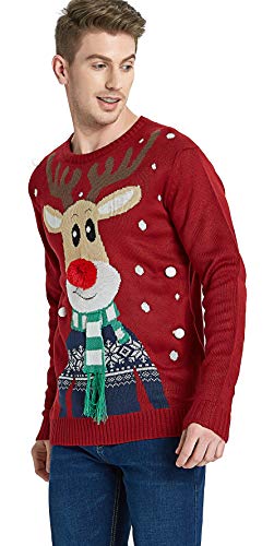 Daisyboutique Men's Christmas Rudolph Reindeer Holiday Sweater Cardigan Cute Ugly Pullover, Color Name: Rudolph-with-Scarf