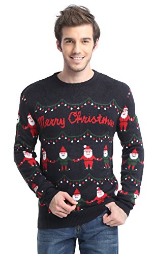 Men's Christmas Reindeer Snowman Santa Snowflakes Sweater (Large, Striped Black)