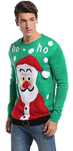 Men's Christmas Festive Cardigan Reindeer Snowman Santa Snowflakes Knitted Ugly Sweater, Color Name: Santa-HoHoHo-Green