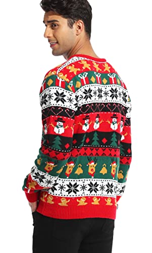 Men's Christmas Holiday Reindeer Snowman Santa Snowflakes Traditional Knitted Ugly Sweater (Large, FairIsle-red-M19)