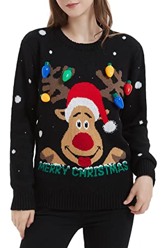 v28 Women's Christmas Reindeer Snowflakes Sweater Pullover (Tag L (US Size 10), Black-ReerFace)