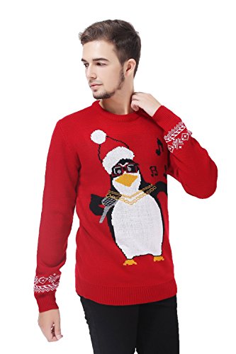 V28 Men's Christmas Reindeer Snowman Penguin Santa and Snowflake Sweater (Large, Karaoke)