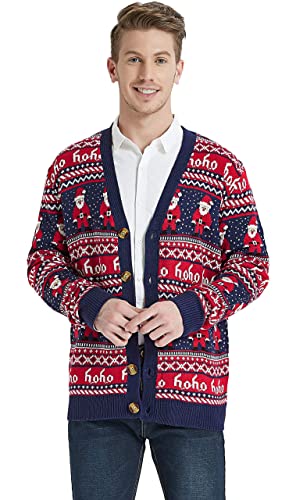 Daisyboutique Men's Christmas Rudolph Reindeer Holiday Sweater Cardigan Cute Ugly Pullover, Color Name: Santa-Print-Cardigan