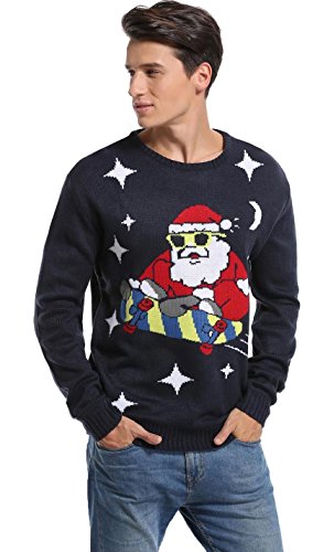 Men's Christmas Festive Cardigan Reindeer Snowman Santa Snowflakes Knitted Ugly Sweater (Large, Santa-Skateboarding)