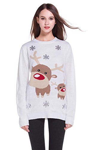 Women's Christmas Cute Reindeer Snowflakes Knitted Sweater Girl Pullover (Large, Reindeer)