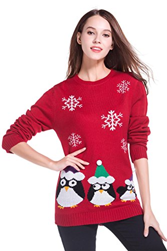 Women's Christmas Cute Reindeer Snowflakes Knitted Sweater Girl Pullover (Large, Penguins)