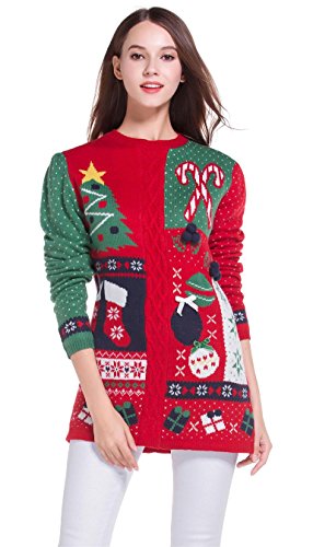 Women's Christmas Cute Reindeer Snowflakes Knitted Sweater Girl Pullover (Large, GreenRedSlves)