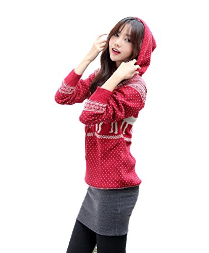 Women's Patterns of Reindeer Snowman Tree Snowflakes Christmas Sweater Cardigan (L, Long Sleeve, Red with Hood)