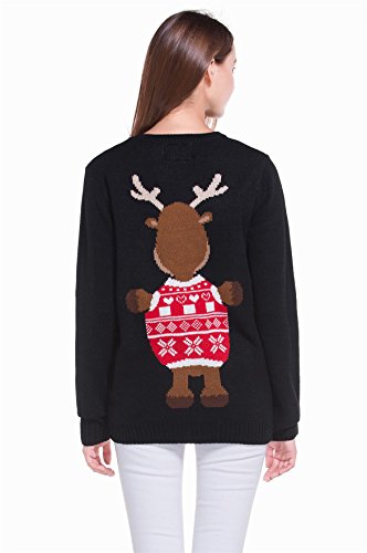 Women's Christmas Cute Reindeer Snowflakes Knitted Sweater Girl Pullover (Large, 3D Nose)