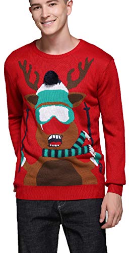 Men's Christmas Rudolph Reindeer Holiday Festive Knitted Sweater Cardigan Cute Ugly Pullover Jumper (Large, Skiing)