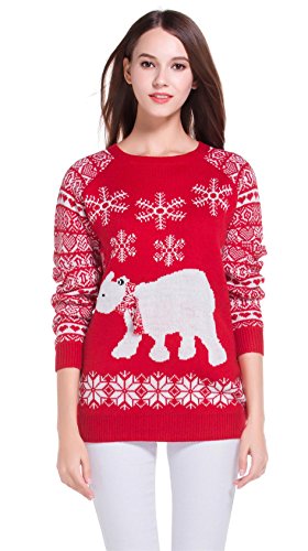 Women's Christmas Cute Reindeer Snowflakes Knitted Sweater Girl Pullover (Large, PolarBear)