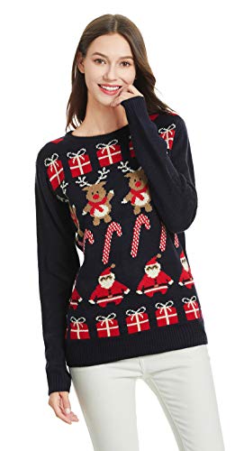 *daisysboutique* Women's Christmas Reindeer Themed Knitted Holiday Sweater Girl Pullover (Large, Gift-Deer-Cane-Santa)