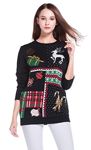 Women's Christmas Cute Reindeer Snowflakes Knitted Sweater Girl Pullover (Large, Presents)