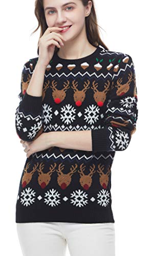 v28 Women's Patterns Reindeer Snowman Tree Snowflakes Christmas Sweater Cardigan, Long Sleeve (Large, Deer&FlakesDessert-Black)