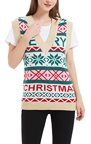 Women's Christmas Reindeer Traditional Knitted Holiday Ugly Sweater Girl Pullover Cardigan (Large, 233-Christmas-Vest-Ivory)