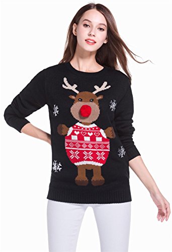 Women's Christmas Cute Reindeer Snowflakes Knitted Sweater Girl Pullover (Large, 3D Nose)