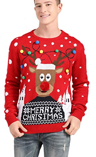 v28 Men's Christmas Reindeer Snowman Penguin Santa and Snowflake Sweater (Small, Deer-hdlite-Black)