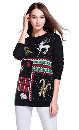 Women's Christmas Cute Reindeer Snowflakes Knitted Sweater Girl Pullover (Large, Presents)