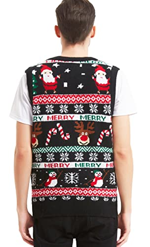 Men's Christmas Holiday Reindeer Snowman Santa Snowflakes Traditional Knitted Ugly Sweater (Large, Vest-Blck-M22)