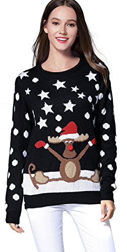 *daisysboutique* Women's Christmas Reindeer Themed Knitted Holiday Sweater Girl Pullover (Large, Skiing)