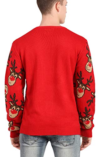 v28 Men's Christmas Reindeer Snowman Penguin Santa and Snowflake Sweater (X-Large, Rotatedeerfaces-red)