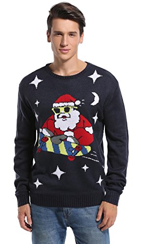 Men's Christmas Festive Cardigan Reindeer Snowman Santa Snowflakes Knitted Ugly Sweater (Large, Santa-Skateboarding)