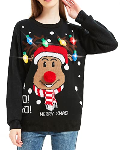 Women's Christmas Reindeer Traditional Knitted Holiday Ugly Sweater Girl Pullover Cardigan (Large, RndrLED3Dnos-F5)