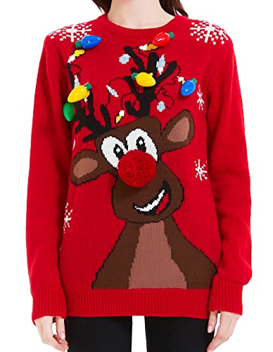 Women's Christmas Reindeer Traditional Knitted Holiday Ugly Sweater Girl Pullover Cardigan (Large, 2317-Reindeer-red)