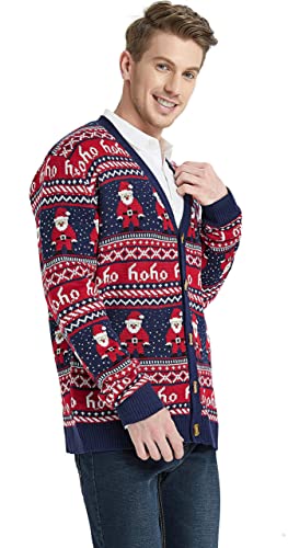 Daisyboutique Men's Christmas Rudolph Reindeer Holiday Sweater Cardigan Cute Ugly Pullover, Color Name: Santa-Print-Cardigan