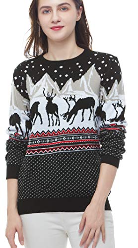 v28 Women's Patterns Reindeer Snowman Tree Snowflakes Christmas Sweater Cardigan (Large, Deer&Mountains)