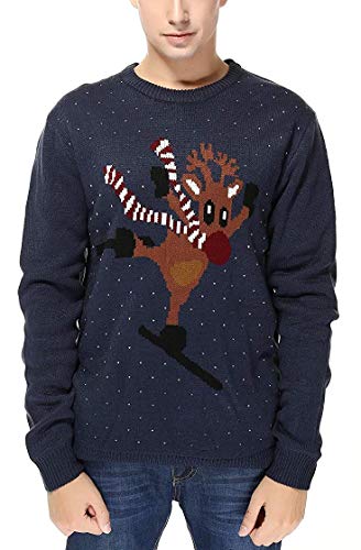 V28 Men's Christmas Reindeer Snowman Penguin Santa and Snowflake Sweater (X-Large, ReindeerSkiing)